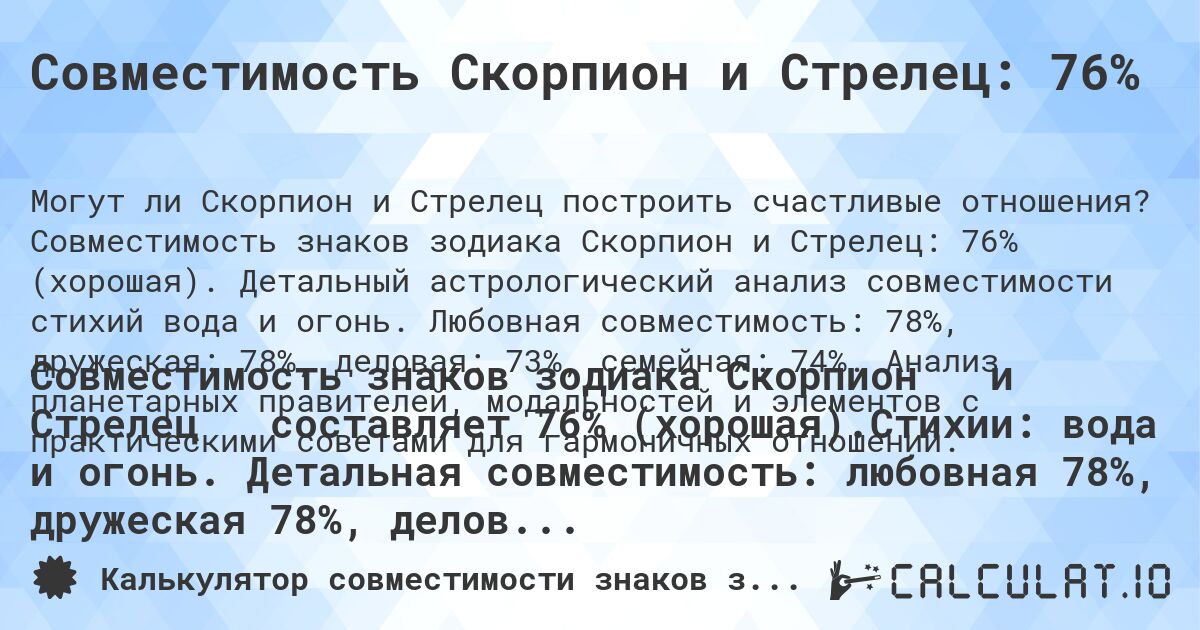 Совместимость Скорпион и Стрелец: 76%. Совместимость знаков зодиака Скорпион и Стрелец: 76% (хорошая). Детальный астрологический анализ совместимости стихий вода и огонь. Любовная совместимость: 78%, дружеская: 78%, деловая: 73%, семейная: 74%. Анализ планетарных правителей, модальностей и элементов с практическими советами для гармоничных отношений.