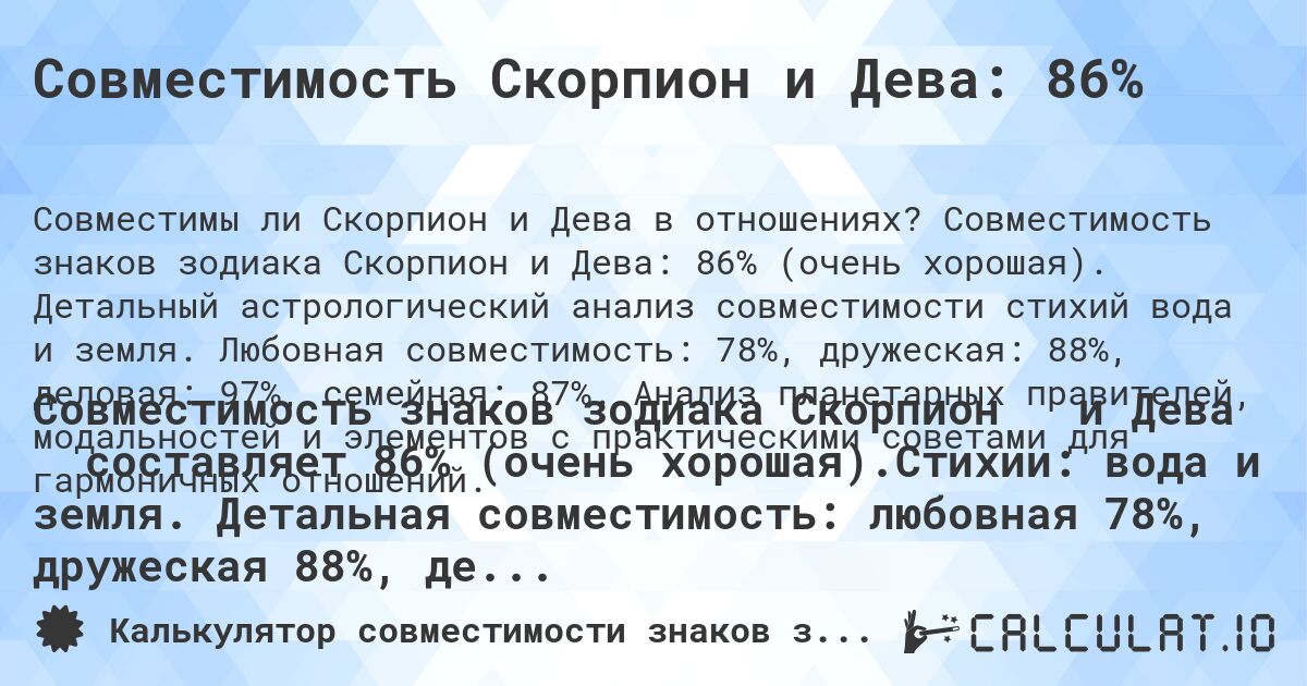 Совместимость Скорпион и Дева: 86%. Совместимость знаков зодиака Скорпион и Дева: 86% (очень хорошая). Детальный астрологический анализ совместимости стихий вода и земля. Любовная совместимость: 78%, дружеская: 88%, деловая: 97%, семейная: 87%. Анализ планетарных правителей, модальностей и элементов с практическими советами для гармоничных отношений.