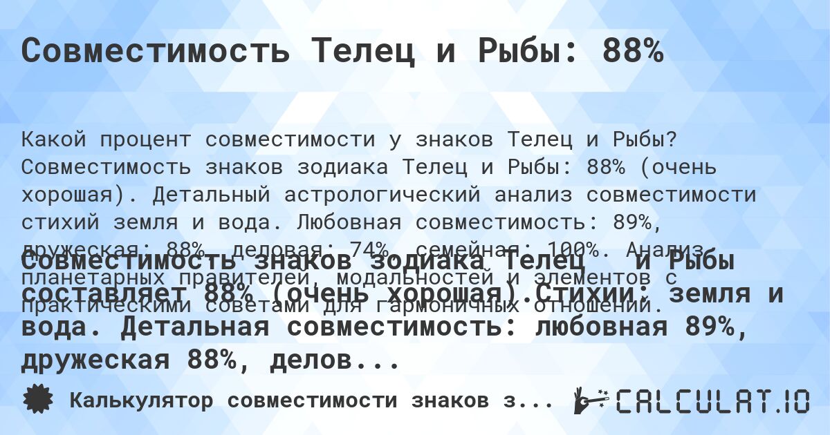 Совместимость Телец и Рыбы: 88%. Совместимость знаков зодиака Телец и Рыбы: 88% (очень хорошая). Детальный астрологический анализ совместимости стихий земля и вода. Любовная совместимость: 89%, дружеская: 88%, деловая: 74%, семейная: 100%. Анализ планетарных правителей, модальностей и элементов с практическими советами для гармоничных отношений.