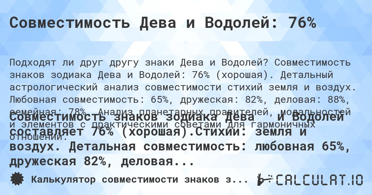 Совместимость Дева и Водолей: 76%. Совместимость знаков зодиака Дева и Водолей: 76% (хорошая). Детальный астрологический анализ совместимости стихий земля и воздух. Любовная совместимость: 65%, дружеская: 82%, деловая: 88%, семейная: 78%. Анализ планетарных правителей, модальностей и элементов с практическими советами для гармоничных отношений.