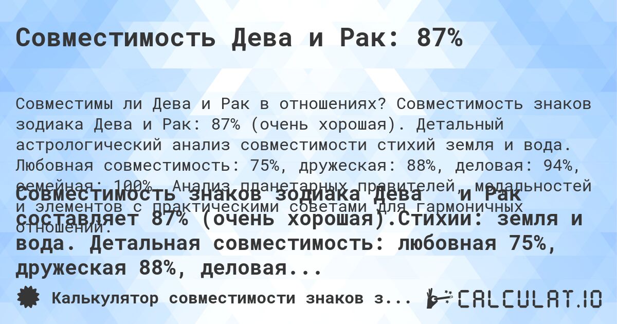 Совместимость Дева и Рак: 87%. Совместимость знаков зодиака Дева и Рак: 87% (очень хорошая). Детальный астрологический анализ совместимости стихий земля и вода. Любовная совместимость: 75%, дружеская: 88%, деловая: 94%, семейная: 100%. Анализ планетарных правителей, модальностей и элементов с практическими советами для гармоничных отношений.