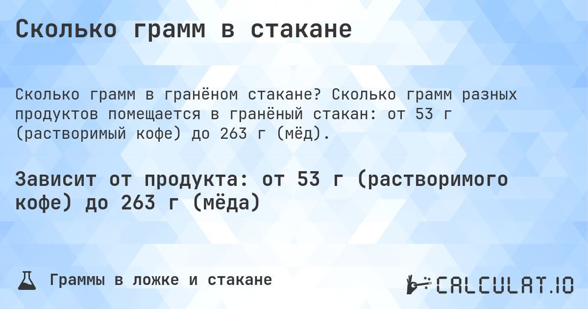 Сколько грамм в стакане. Сколько грамм разных продуктов помещается в гранёный стакан: от 53 г (растворимый кофе) до 263 г (мёд).