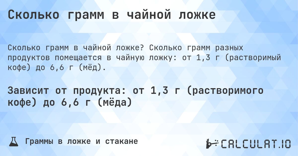 Сколько грамм в чайной ложке. Сколько грамм разных продуктов помещается в чайную ложку: от 1,3 г (растворимый кофе) до 6,6 г (мёд).