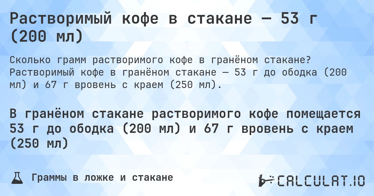 Растворимый кофе в стакане — 53 г (200 мл). Растворимый кофе в гранёном стакане — 53 г до ободка (200 мл) и 67 г вровень с краем (250 мл).
