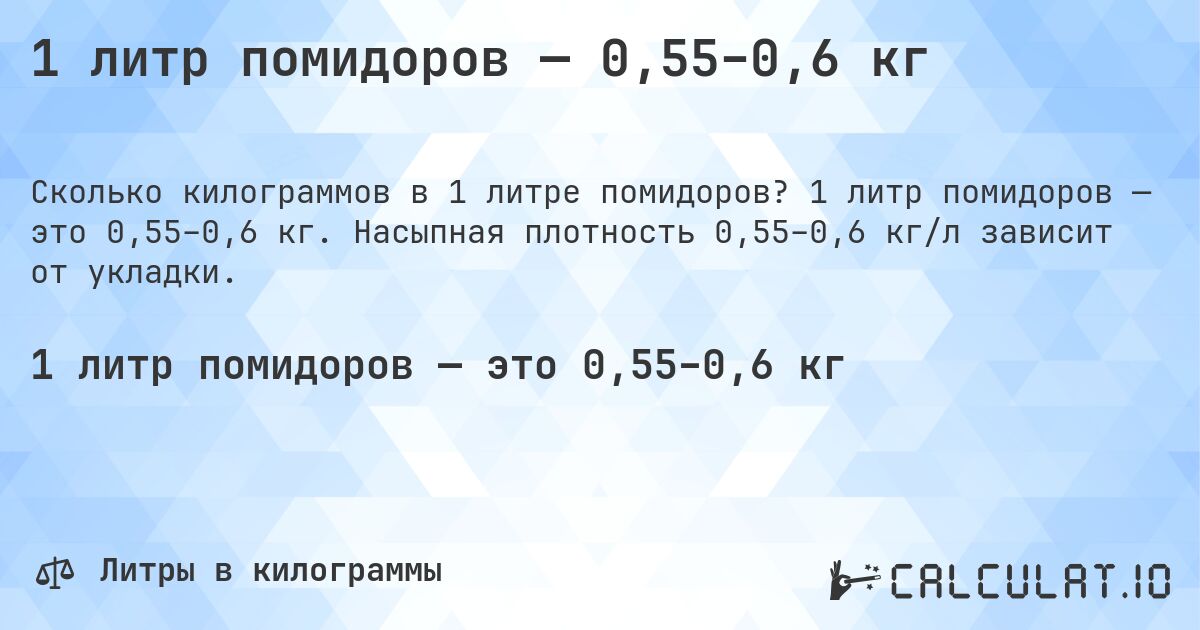 1 литр помидоров — 0,55–0,6 кг. 1 литр помидоров — это 0,55–0,6 кг. Насыпная плотность 0,55–0,6 кг/л зависит от укладки.
