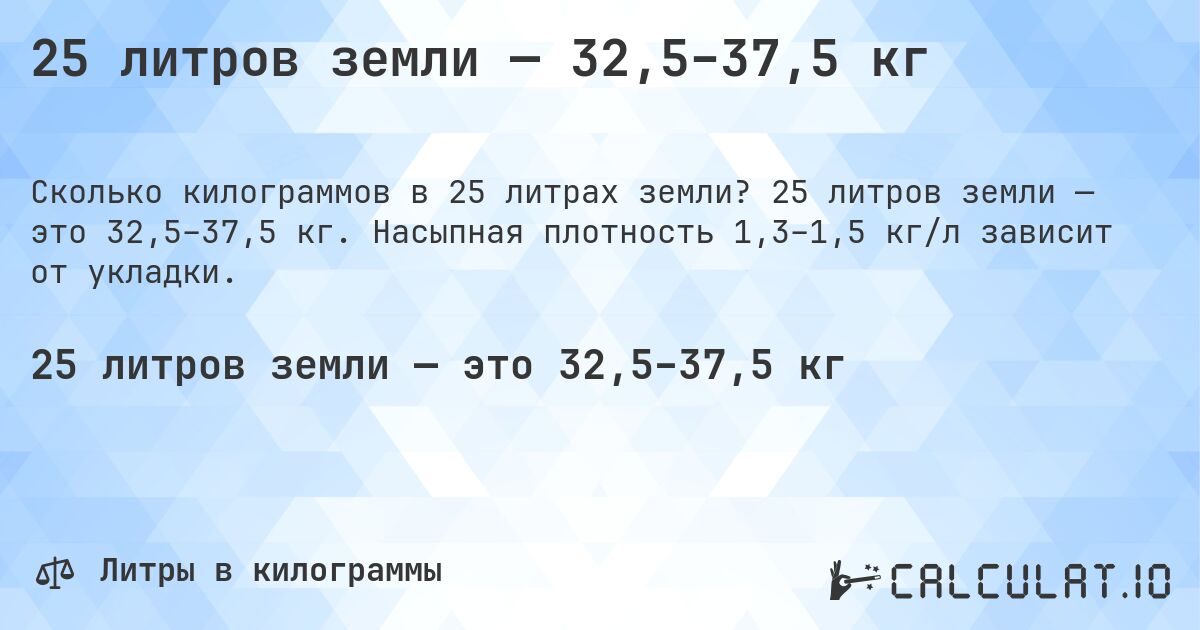 25 литров земли — 32,5–37,5 кг. 25 литров земли — это 32,5–37,5 кг. Насыпная плотность 1,3–1,5 кг/л зависит от укладки.