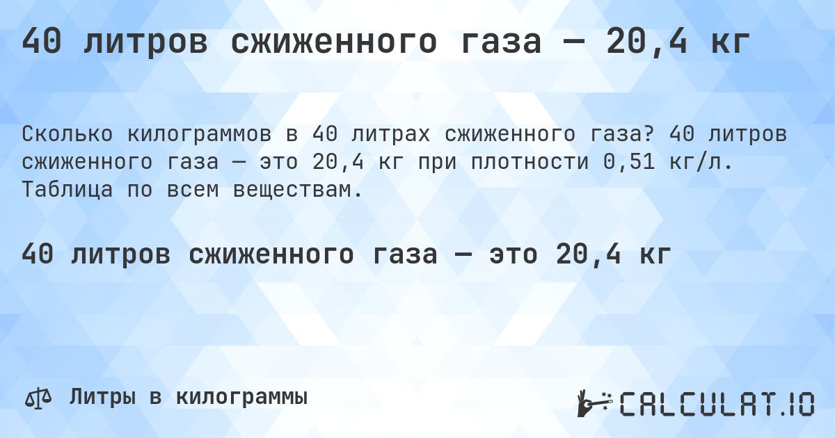 40 литров сжиженного газа — 20,4 кг. 40 литров сжиженного газа — это 20,4 кг при плотности 0,51 кг/л. Таблица по всем веществам.