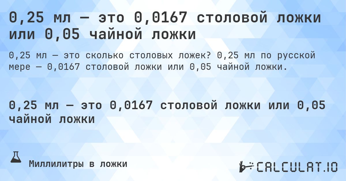 0,25 мл — это 0,0167 столовой ложки или 0,05 чайной ложки. 0,25 мл по русской мере — 0,0167 столовой ложки или 0,05 чайной ложки.