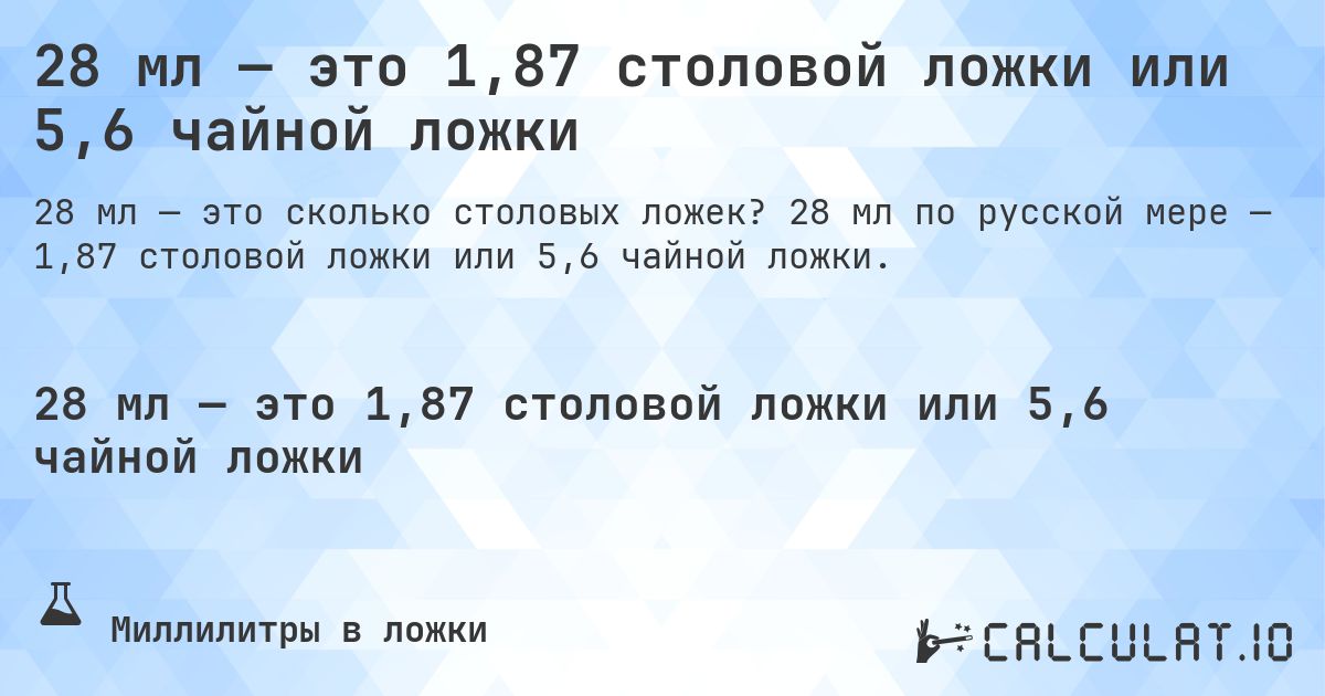 28 мл — это 1,87 столовой ложки или 5,6 чайной ложки. 28 мл по русской мере — 1,87 столовой ложки или 5,6 чайной ложки.