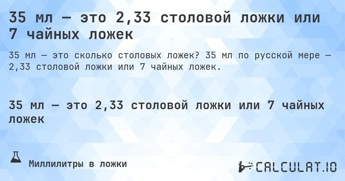 35 мл — это 2,33 столовой ложки или 7 чайных ложек. 35 мл по русской мере — 2,33 столовой ложки или 7 чайных ложек.