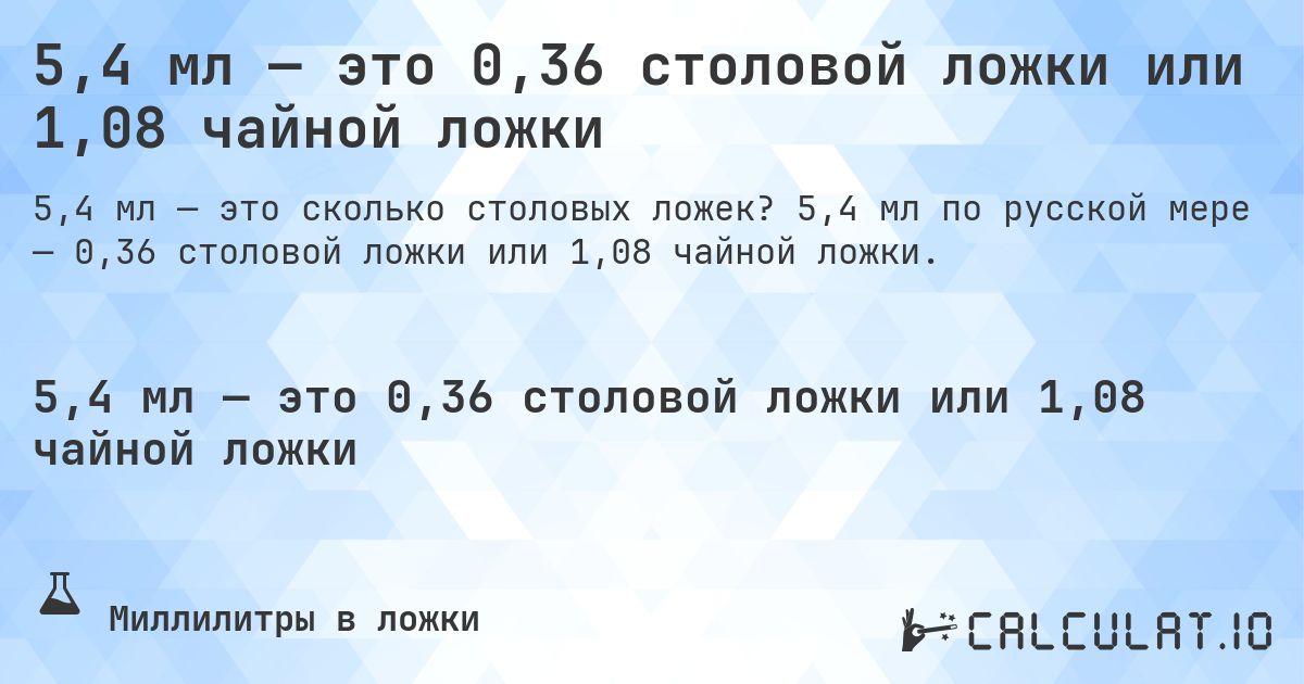5,4 мл — это 0,36 столовой ложки или 1,08 чайной ложки. 5,4 мл по русской мере — 0,36 столовой ложки или 1,08 чайной ложки.