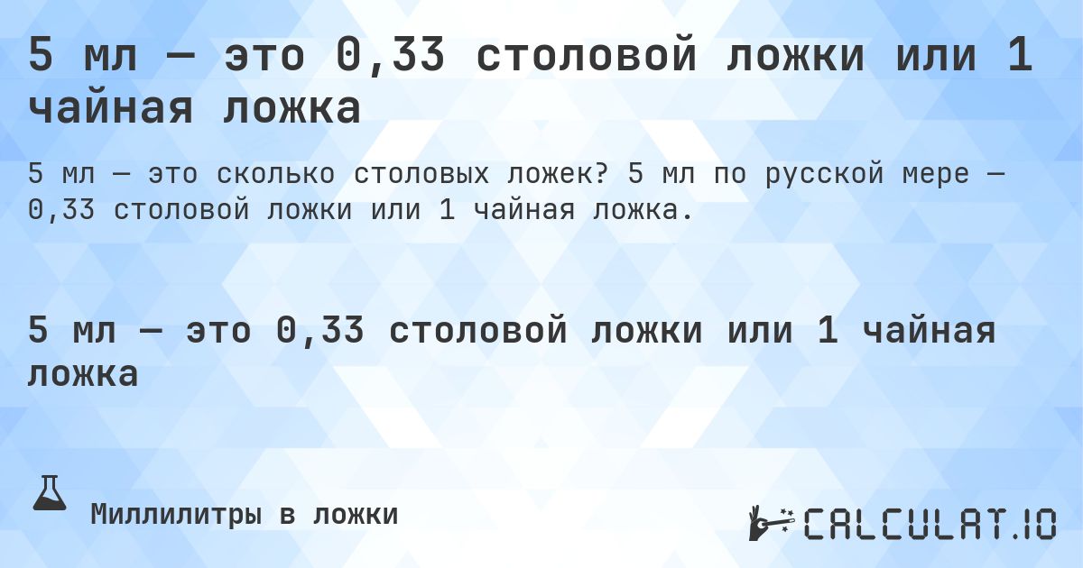 5 мл — это 0,33 столовой ложки или 1 чайная ложка. 5 мл по русской мере — 0,33 столовой ложки или 1 чайная ложка.