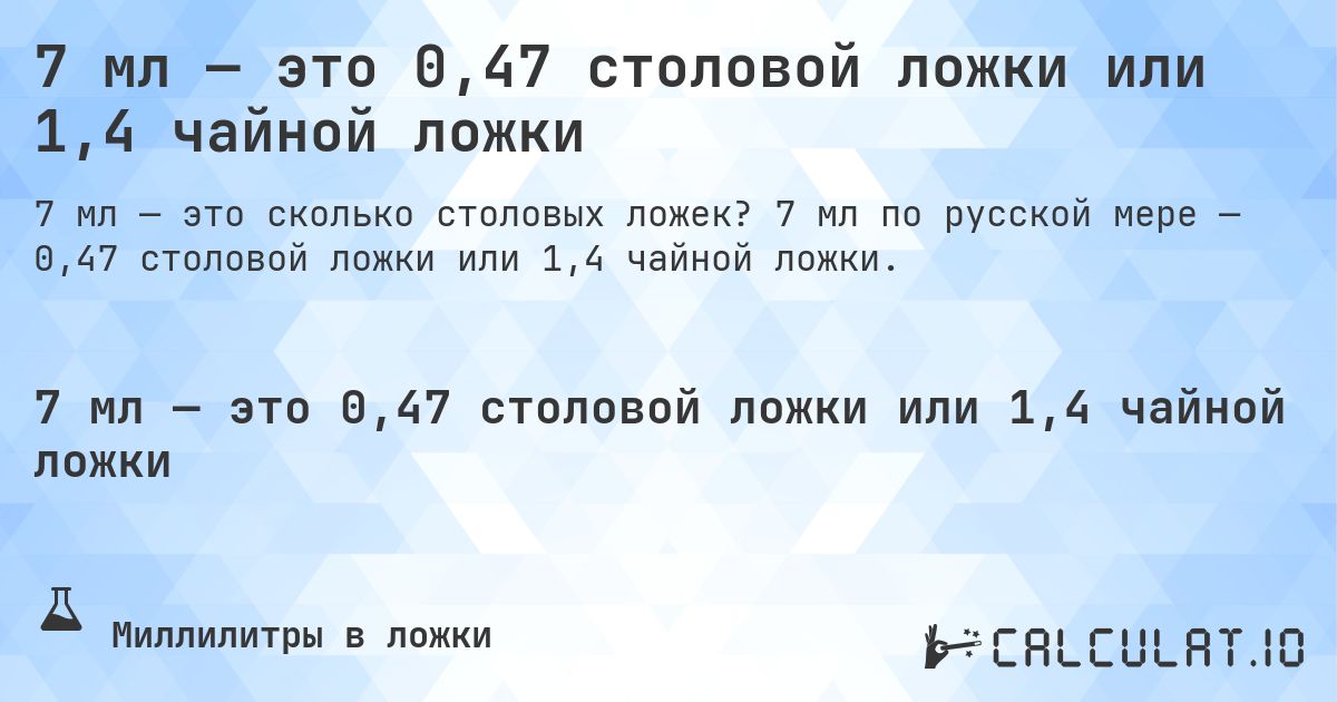 7 мл — это 0,47 столовой ложки или 1,4 чайной ложки. 7 мл по русской мере — 0,47 столовой ложки или 1,4 чайной ложки.