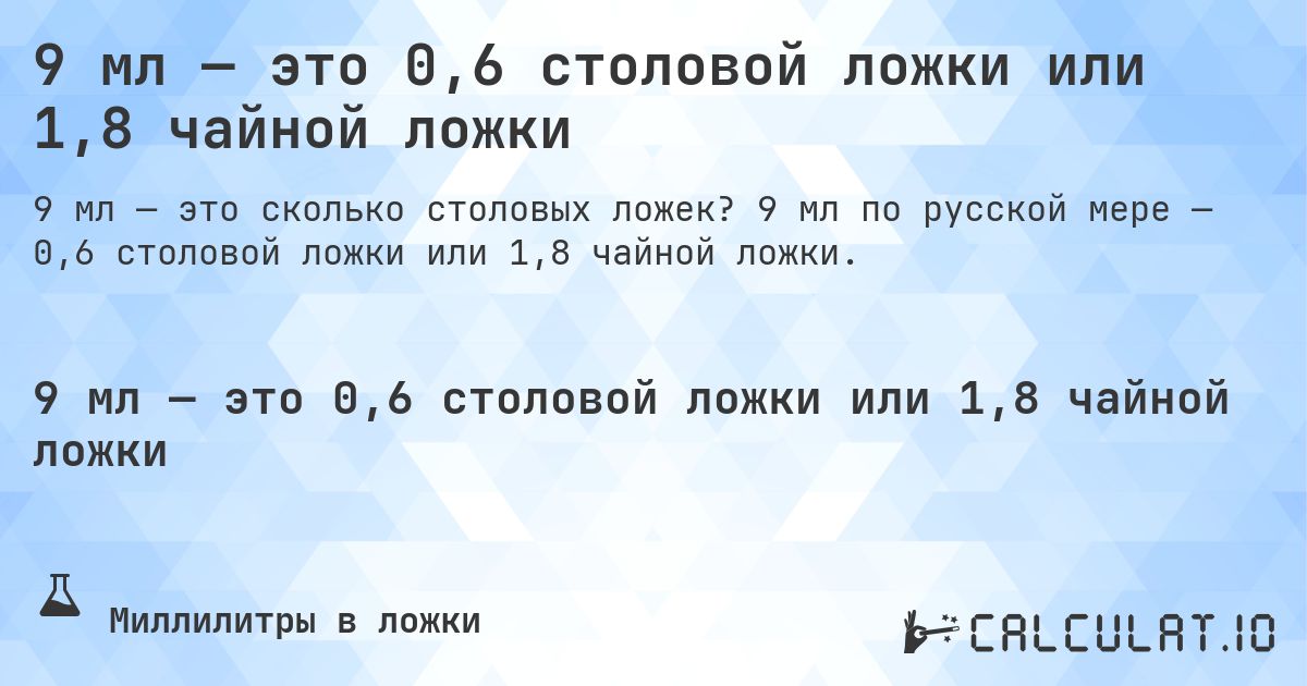 9 мл — это 0,6 столовой ложки или 1,8 чайной ложки. 9 мл по русской мере — 0,6 столовой ложки или 1,8 чайной ложки.