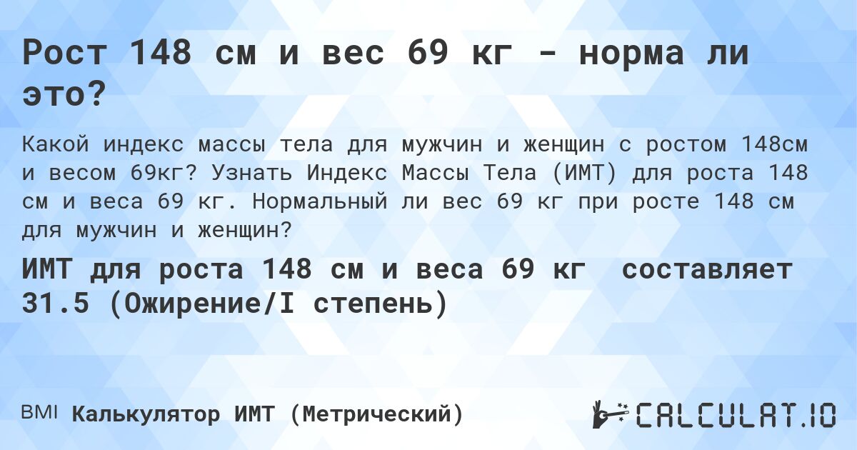 Рост 148 см и вес 69 кг - норма ли это?. Узнать Индекс Массы Тела (ИМТ) для роста 148 см и веса 69 кг. Нормальный ли вес 69 кг при росте 148 см для мужчин и женщин?