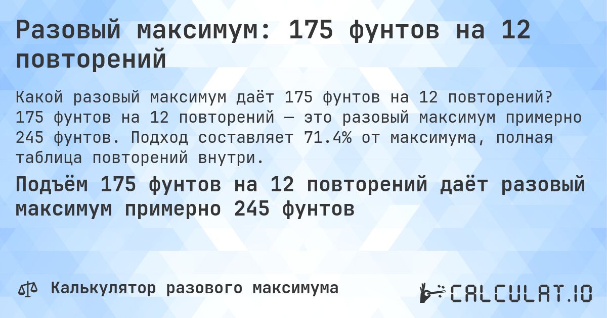 Разовый максимум: 175 фунтов на 12 повторений. 175 фунтов на 12 повторений — это разовый максимум примерно 245 фунтов. Подход составляет 71.4% от максимума, полная таблица повторений внутри.