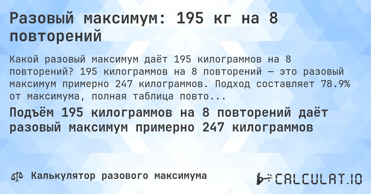 Разовый максимум: 195 кг на 8 повторений. 195 килограммов на 8 повторений — это разовый максимум примерно 247 килограммов. Подход составляет 78.9% от максимума, полная таблица повторений внутри.