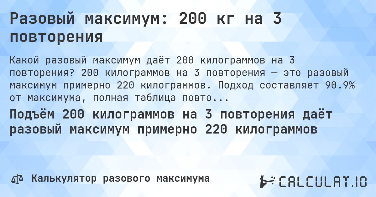 Разовый максимум: 200 кг на 3 повторения. 200 килограммов на 3 повторения — это разовый максимум примерно 220 килограммов. Подход составляет 90.9% от максимума, полная таблица повторений внутри.