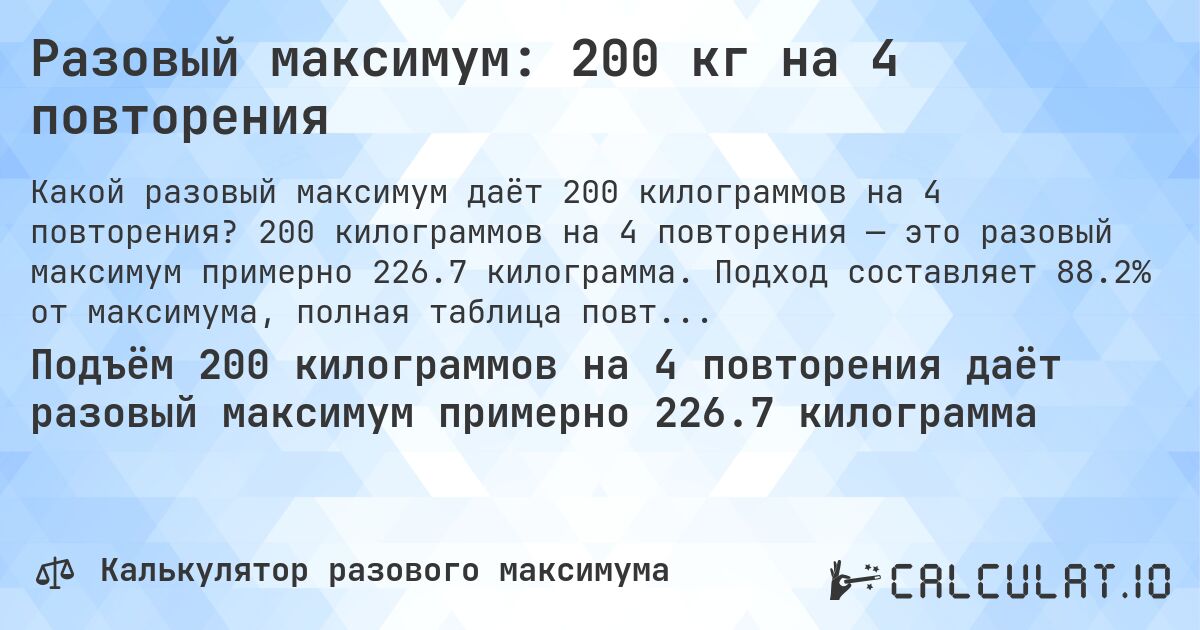 Разовый максимум: 200 кг на 4 повторения. 200 килограммов на 4 повторения — это разовый максимум примерно 226.7 килограмма. Подход составляет 88.2% от максимума, полная таблица повторений внутри.