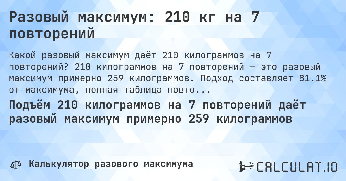 Разовый максимум: 210 кг на 7 повторений. 210 килограммов на 7 повторений — это разовый максимум примерно 259 килограммов. Подход составляет 81.1% от максимума, полная таблица повторений внутри.