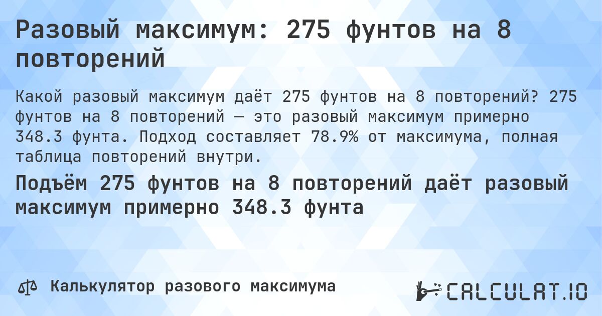 Разовый максимум: 275 фунтов на 8 повторений. 275 фунтов на 8 повторений — это разовый максимум примерно 348.3 фунта. Подход составляет 78.9% от максимума, полная таблица повторений внутри.