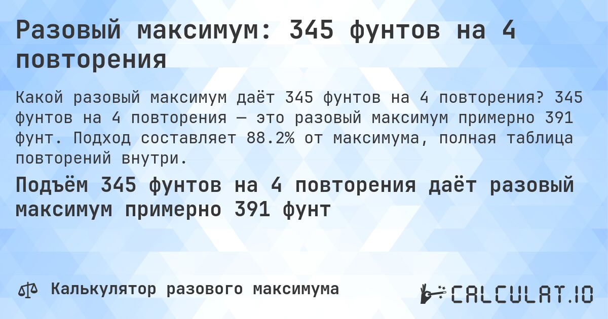 Разовый максимум: 345 фунтов на 4 повторения. 345 фунтов на 4 повторения — это разовый максимум примерно 391 фунт. Подход составляет 88.2% от максимума, полная таблица повторений внутри.