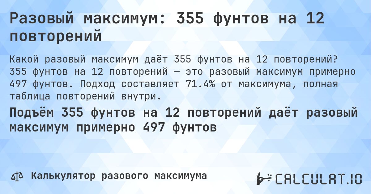 Разовый максимум: 355 фунтов на 12 повторений. 355 фунтов на 12 повторений — это разовый максимум примерно 497 фунтов. Подход составляет 71.4% от максимума, полная таблица повторений внутри.