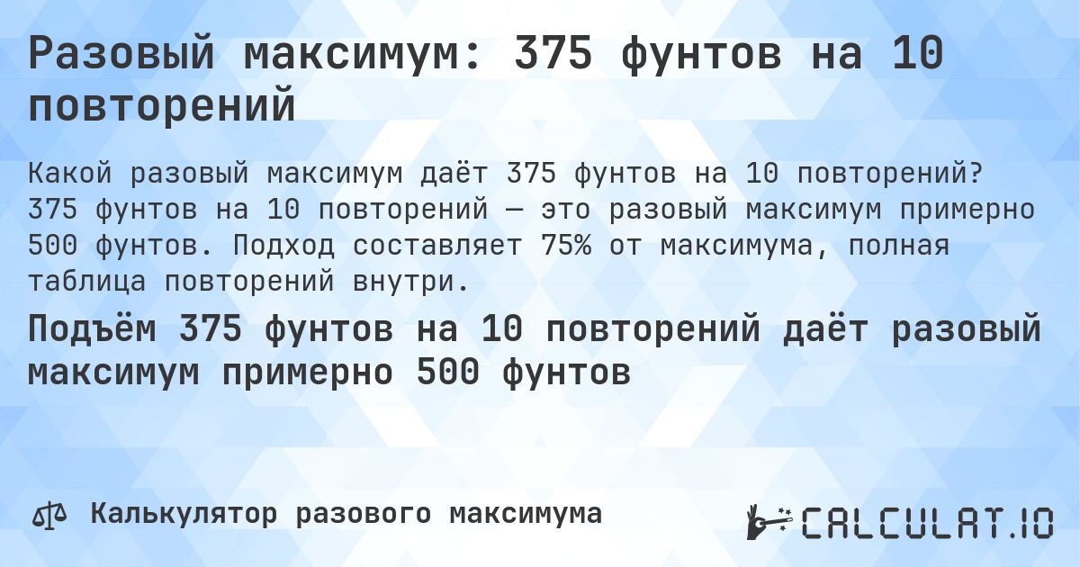 Разовый максимум: 375 фунтов на 10 повторений. 375 фунтов на 10 повторений — это разовый максимум примерно 500 фунтов. Подход составляет 75% от максимума, полная таблица повторений внутри.