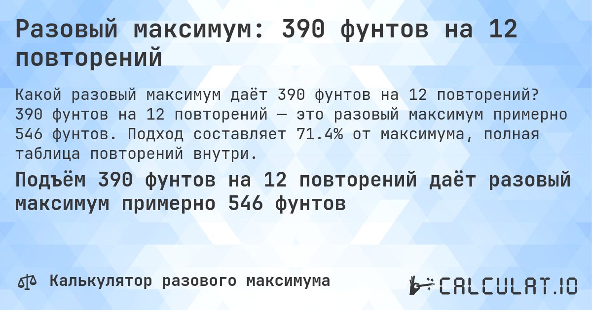 Разовый максимум: 390 фунтов на 12 повторений. 390 фунтов на 12 повторений — это разовый максимум примерно 546 фунтов. Подход составляет 71.4% от максимума, полная таблица повторений внутри.
