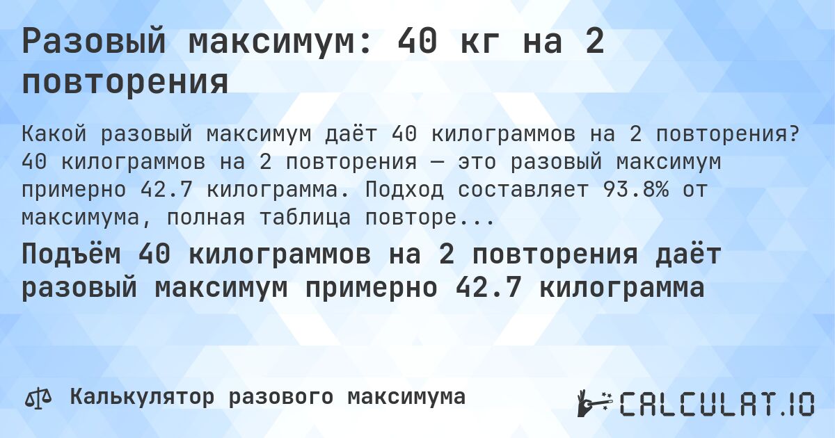 Разовый максимум: 40 кг на 2 повторения. 40 килограммов на 2 повторения — это разовый максимум примерно 42.7 килограмма. Подход составляет 93.8% от максимума, полная таблица повторений внутри.