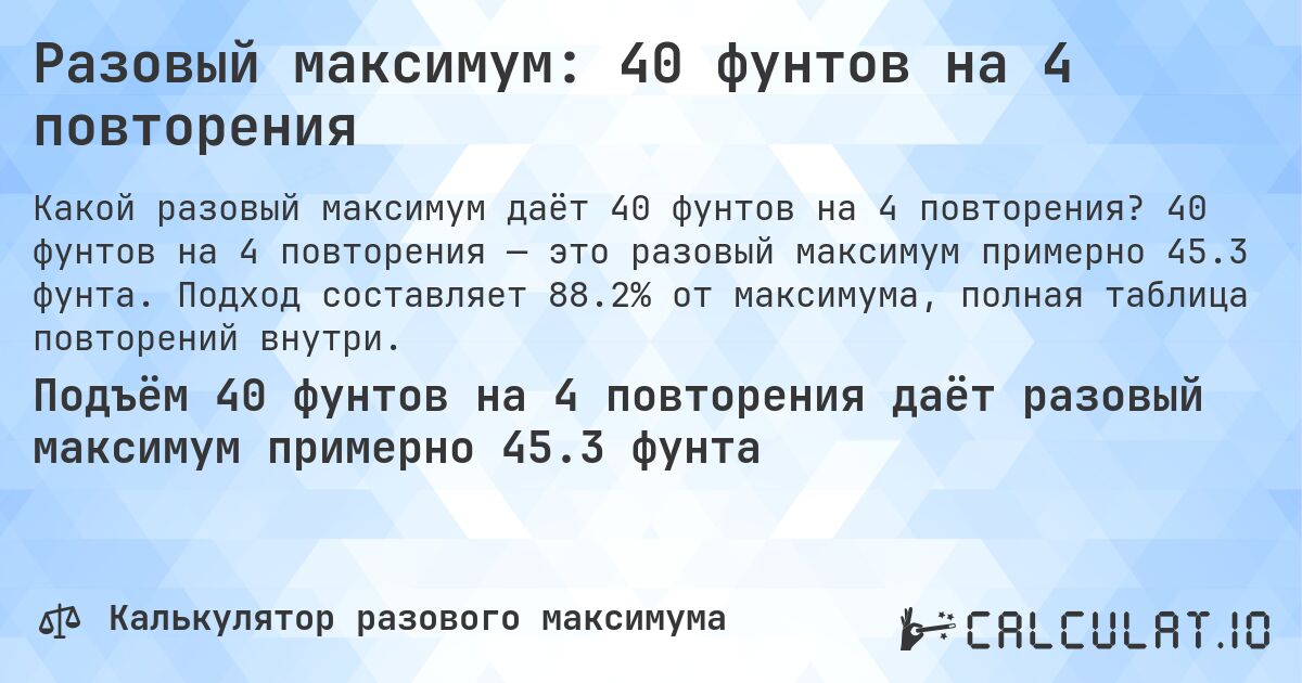Разовый максимум: 40 фунтов на 4 повторения. 40 фунтов на 4 повторения — это разовый максимум примерно 45.3 фунта. Подход составляет 88.2% от максимума, полная таблица повторений внутри.