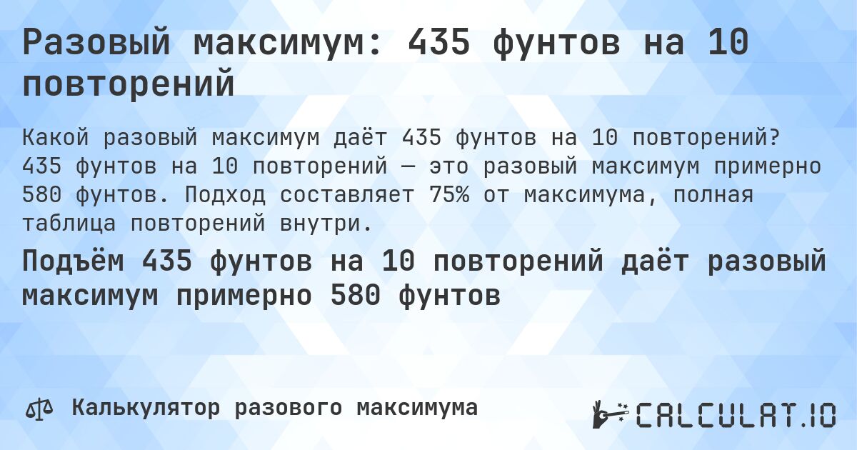 Разовый максимум: 435 фунтов на 10 повторений. 435 фунтов на 10 повторений — это разовый максимум примерно 580 фунтов. Подход составляет 75% от максимума, полная таблица повторений внутри.