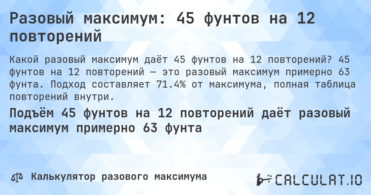 Разовый максимум: 45 фунтов на 12 повторений. 45 фунтов на 12 повторений — это разовый максимум примерно 63 фунта. Подход составляет 71.4% от максимума, полная таблица повторений внутри.