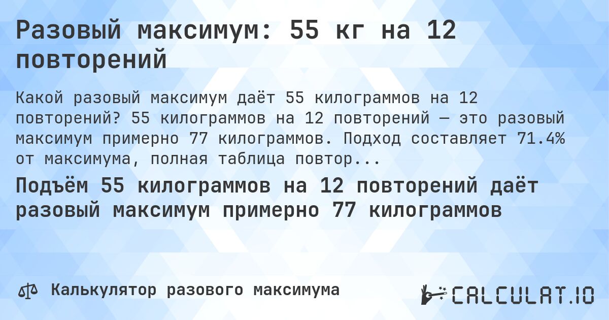 Разовый максимум: 55 кг на 12 повторений. 55 килограммов на 12 повторений — это разовый максимум примерно 77 килограммов. Подход составляет 71.4% от максимума, полная таблица повторений внутри.