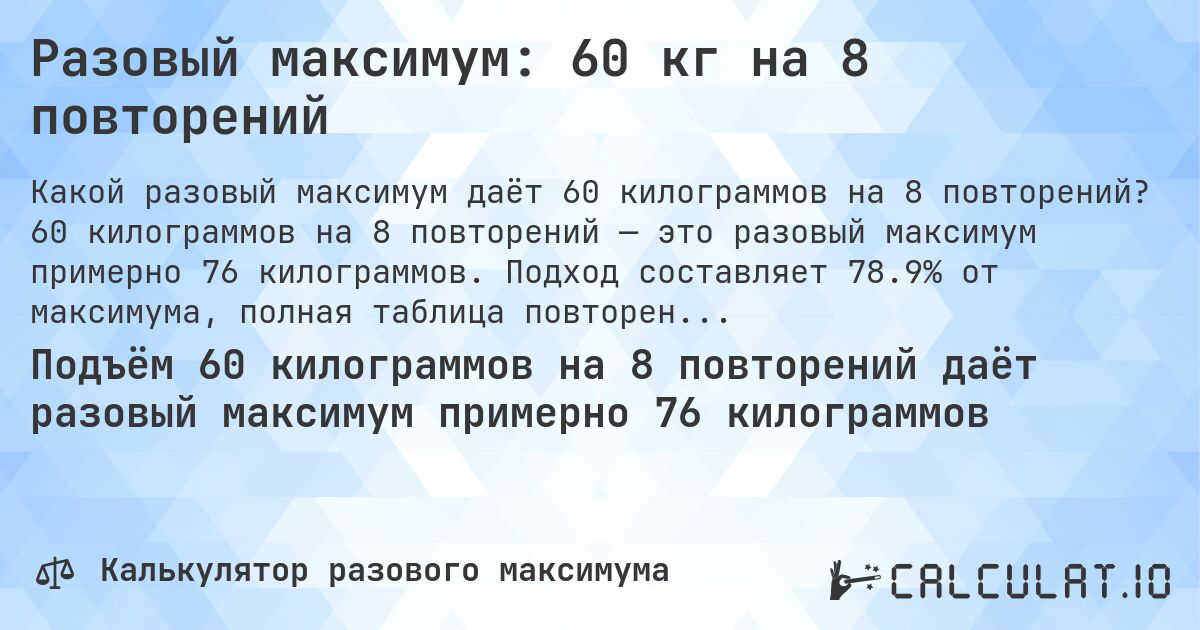 Разовый максимум: 60 кг на 8 повторений. 60 килограммов на 8 повторений — это разовый максимум примерно 76 килограммов. Подход составляет 78.9% от максимума, полная таблица повторений внутри.