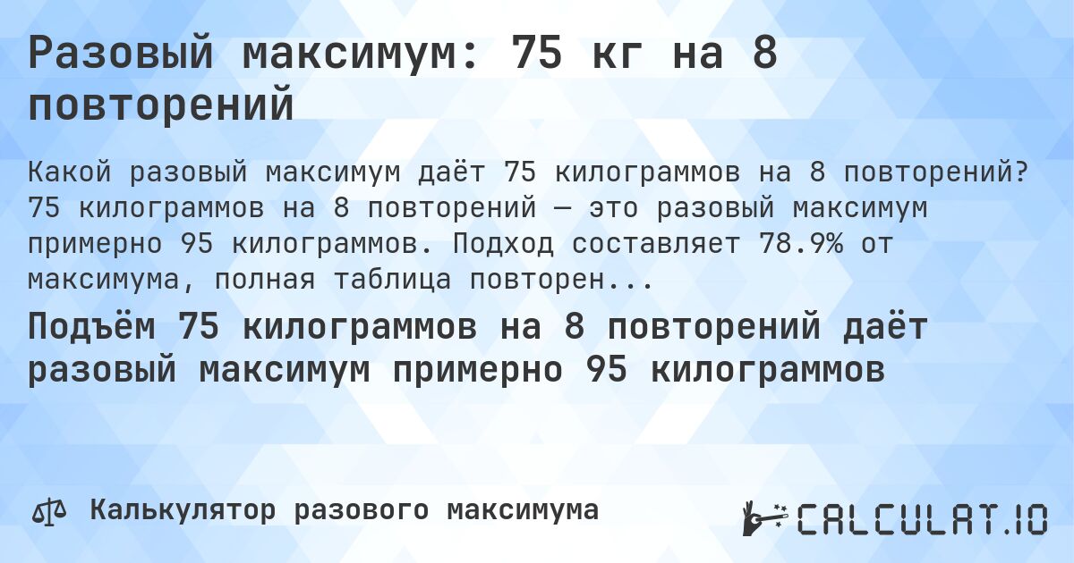 Разовый максимум: 75 кг на 8 повторений. 75 килограммов на 8 повторений — это разовый максимум примерно 95 килограммов. Подход составляет 78.9% от максимума, полная таблица повторений внутри.
