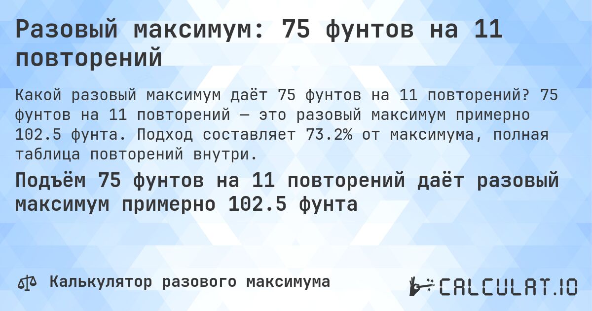 Разовый максимум: 75 фунтов на 11 повторений. 75 фунтов на 11 повторений — это разовый максимум примерно 102.5 фунта. Подход составляет 73.2% от максимума, полная таблица повторений внутри.