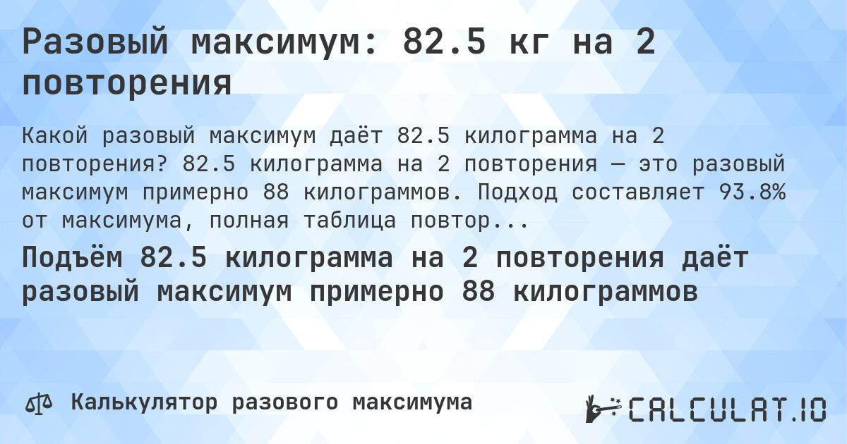 Разовый максимум: 82.5 кг на 2 повторения. 82.5 килограмма на 2 повторения — это разовый максимум примерно 88 килограммов. Подход составляет 93.8% от максимума, полная таблица повторений внутри.