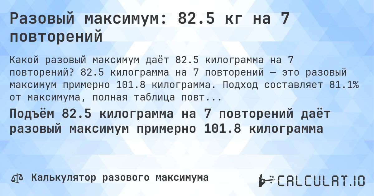 Разовый максимум: 82.5 кг на 7 повторений. 82.5 килограмма на 7 повторений — это разовый максимум примерно 101.8 килограмма. Подход составляет 81.1% от максимума, полная таблица повторений внутри.