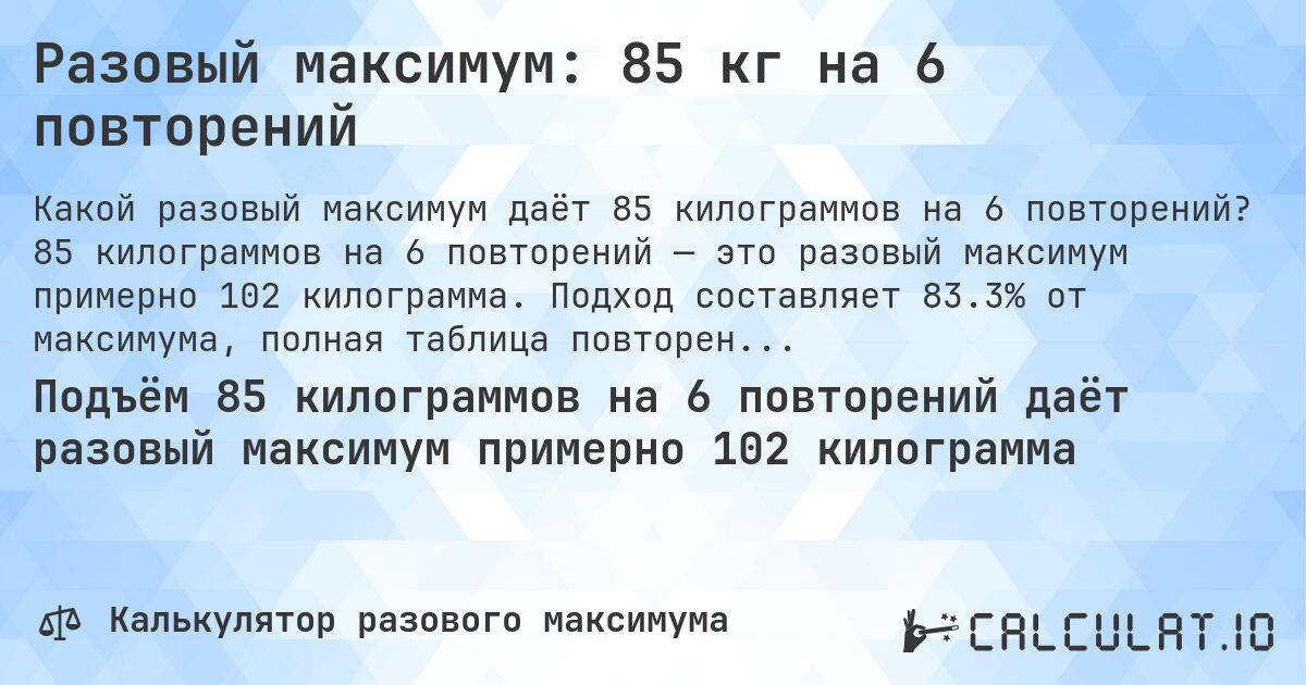 Разовый максимум: 85 кг на 6 повторений. 85 килограммов на 6 повторений — это разовый максимум примерно 102 килограмма. Подход составляет 83.3% от максимума, полная таблица повторений внутри.