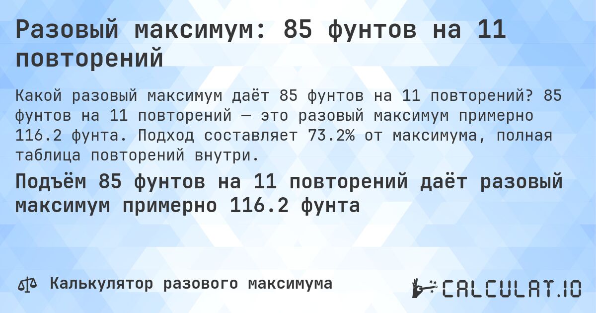 Разовый максимум: 85 фунтов на 11 повторений. 85 фунтов на 11 повторений — это разовый максимум примерно 116.2 фунта. Подход составляет 73.2% от максимума, полная таблица повторений внутри.