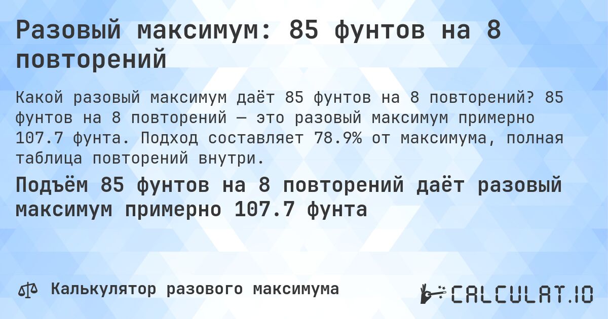 Разовый максимум: 85 фунтов на 8 повторений. 85 фунтов на 8 повторений — это разовый максимум примерно 107.7 фунта. Подход составляет 78.9% от максимума, полная таблица повторений внутри.