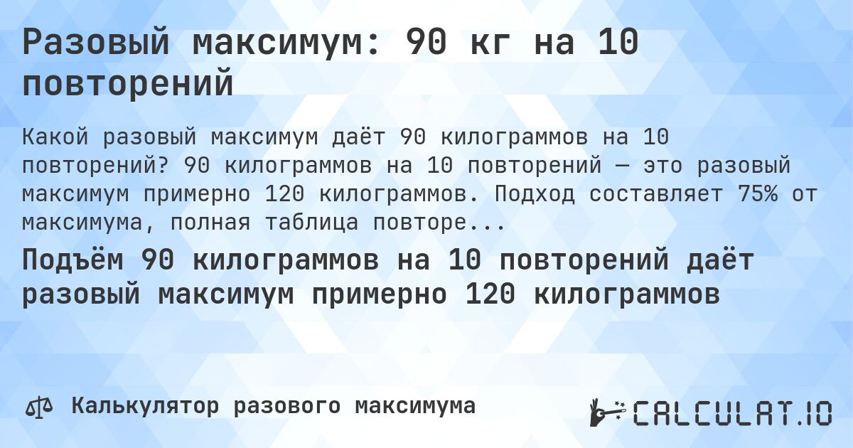 Разовый максимум: 90 кг на 10 повторений. 90 килограммов на 10 повторений — это разовый максимум примерно 120 килограммов. Подход составляет 75% от максимума, полная таблица повторений внутри.