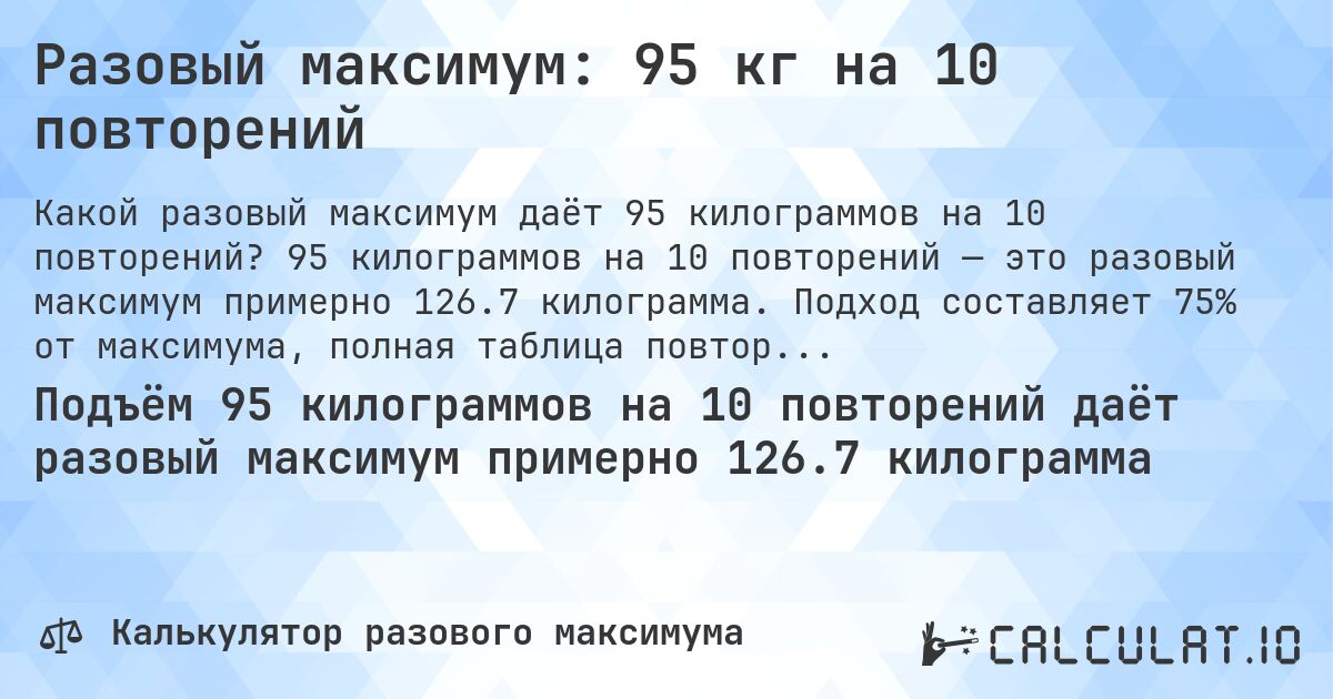 Разовый максимум: 95 кг на 10 повторений. 95 килограммов на 10 повторений — это разовый максимум примерно 126.7 килограмма. Подход составляет 75% от максимума, полная таблица повторений внутри.